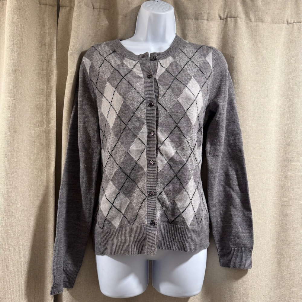 VTG New York & Co Grey‎ Argyle Button Up Cardigan Sweater Womens M
